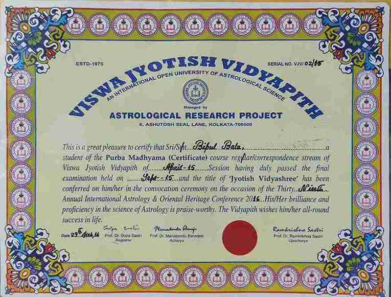 Jyotish Vidyashree Degree by Dr Prodyut Acharya