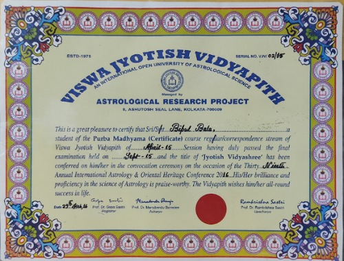 Jyotish Vidyashree Degree by Dr Prodyut Acharya