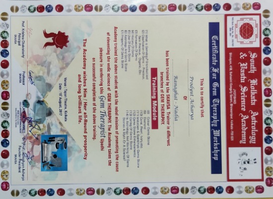 Gem Therapy Certificate awarded to Prodyut Acharya by SKAVSA Astrology