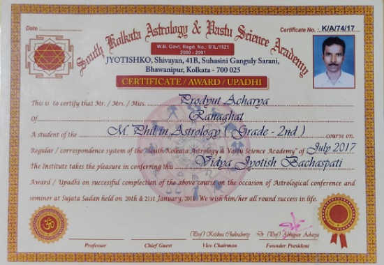 Vidya Jyotish Bachaspati MPhil in Astrology by Dr Prodyut Acharya