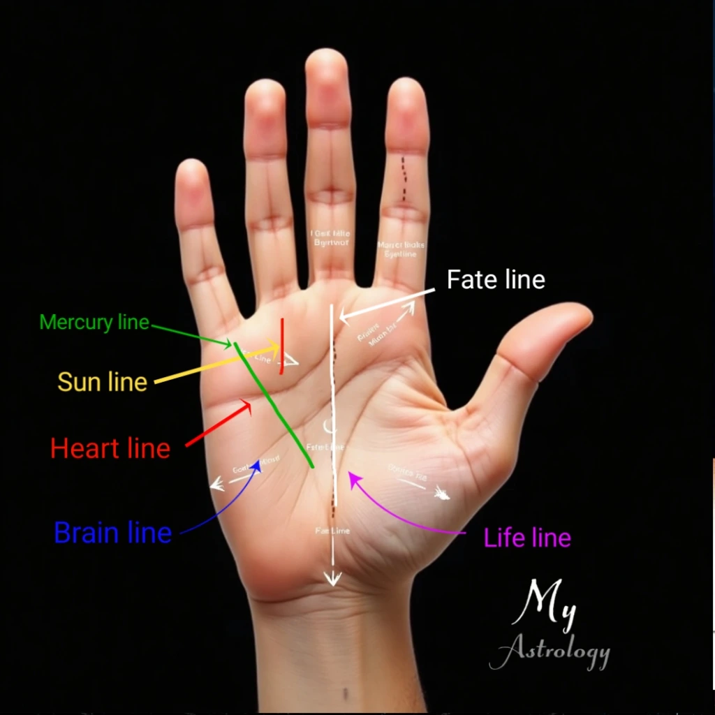 Main six palm lines in hasta rekha with spiritual and scientific meaning