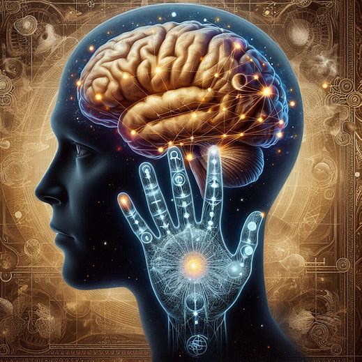 Illustration showing connection between palmistry hand lines and brain lobes